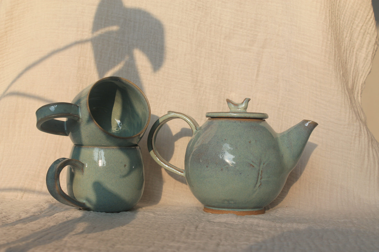 Teapot with Set of 2 cups - Blue - Bird Lid