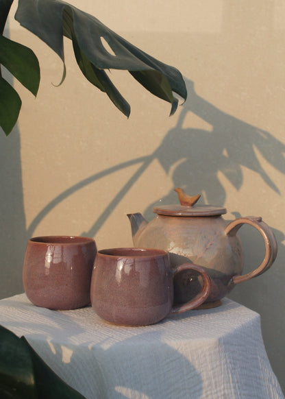 Teapot with Set of 2 cups - Pink - Bird lid