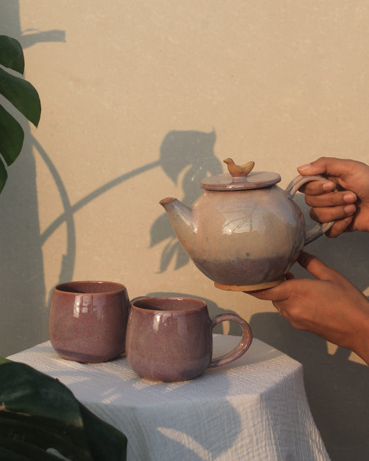 Teapot with Set of 2 cups - Pink - Bird lid