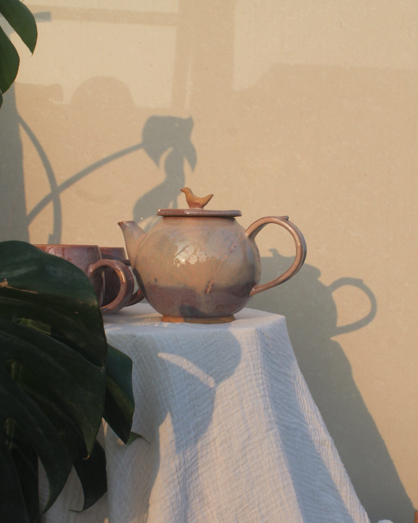 Teapot with Set of 2 cups - Pink - Bird lid